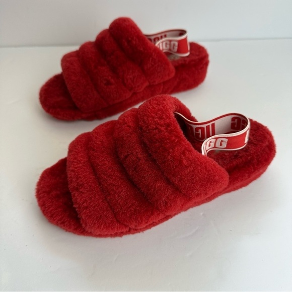 Ugg Fluff Yeah Slides Women’s 7 EU 38 Slippers Shoes Red Logo Platform Fuzzy - Picture 5 of 10